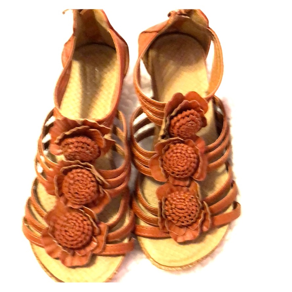 Pair Of Brown Flower Wedge Little Girl Shoe.